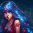 Digital artwork: Girl with starry blue hair and eyes in cosmic setting with red floral tattoo