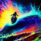 Vivid motorcycle art with fiery sky and massive wave