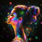 Colorful cosmic art woman profile with luminescent orbs on dark background