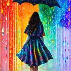 Woman in Vibrant Dress with Umbrella in Colorful Rain