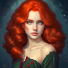 Vibrant red-haired woman with green eyes in mystical setting
