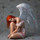Red-haired woman with white wing amidst falling feathers and faint bat images