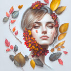 Digital painting of woman's face in autumn leaf wreath, serene expression & leaves on cheeks.