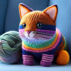 Vibrant Striped Knitted Cat Toy with Yarn Ball on Couch