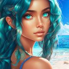 Digital portrait: Woman with blue wavy hair, blue eyes, adorned with flowers, on vibrant beach