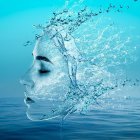 Blue-skinned woman with water hair in mystical underwater scene