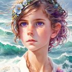 Digital painting of young girl with floral wreath and purple hair by ocean waves