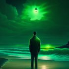 Person admiring green sky and sea with lighthouse at night