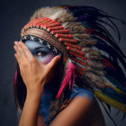 Portrait of woman in vibrant Native American headdress with feathers and beads