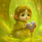 Child Holding Heart-Shaped Object in Enchanted Forest Illustration