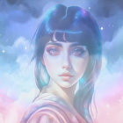 Digital artwork featuring young woman with blue hair in dreamy pastel sky