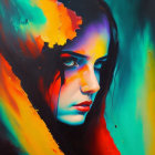 Colorful portrait of a woman with fiery red, orange, and teal hues.