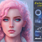 Female Cyborg Illustration with Pink Curly Hair and Blue Eyes
