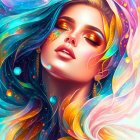 Colorful flowing hair woman illustration with galaxy theme.