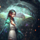 Ethereal woman with umbrella in mystical rain-soaked street
