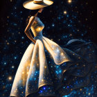 Elegant Woman in Celestial Dress and Hat on Starry Night Sky Background