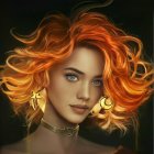 Digital portrait of woman with red curly hair, green eyes, and jewelry on dark background
