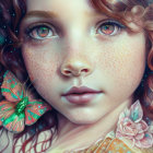 Detailed Illustration: Girl with Freckles, Hazel Eyes, Curly Hair, Flowers, Butter