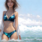 Digital artwork: Woman in blue bikini at ocean shore