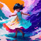 Young girl twirling in vibrant paint swirls in dynamic image