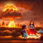 Dolls tea party under dramatic orange sky with mushroom cloud