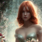 Vibrant red-haired woman in mystical forest with blooming flowers