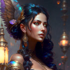 Fantastical digital artwork of woman with blue hair and ornate wings