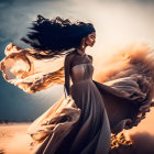 Woman in flowing dress stands in desert under dramatic sky
