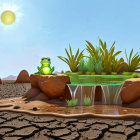 Cartoon frog by oasis in desert with cacti