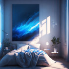 Morning-Lit Bedroom with Blue Abstract Painting