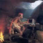 Caveman in furs with modern laptop in prehistoric cave