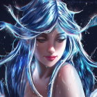 Vibrant blue-haired female character with golden floral accessories in fantasy setting.