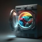 Futuristic washing machine with open door revealing glowing space-time portal
