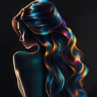 Luminous Blue and Orange Wavy Hair on Woman's Shoulder