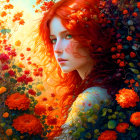 Vibrant red-haired woman in floral setting with orange flowers