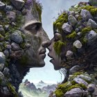 Rocky faces covered in moss about to kiss against mountain backdrop