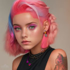 Vivid digital artwork of young female with pink and blue hair, green eyes, earring, necklace