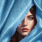Woman with Striking Blue Eyes Peeking Through Sparkly Blue Lace-Edged Cloth