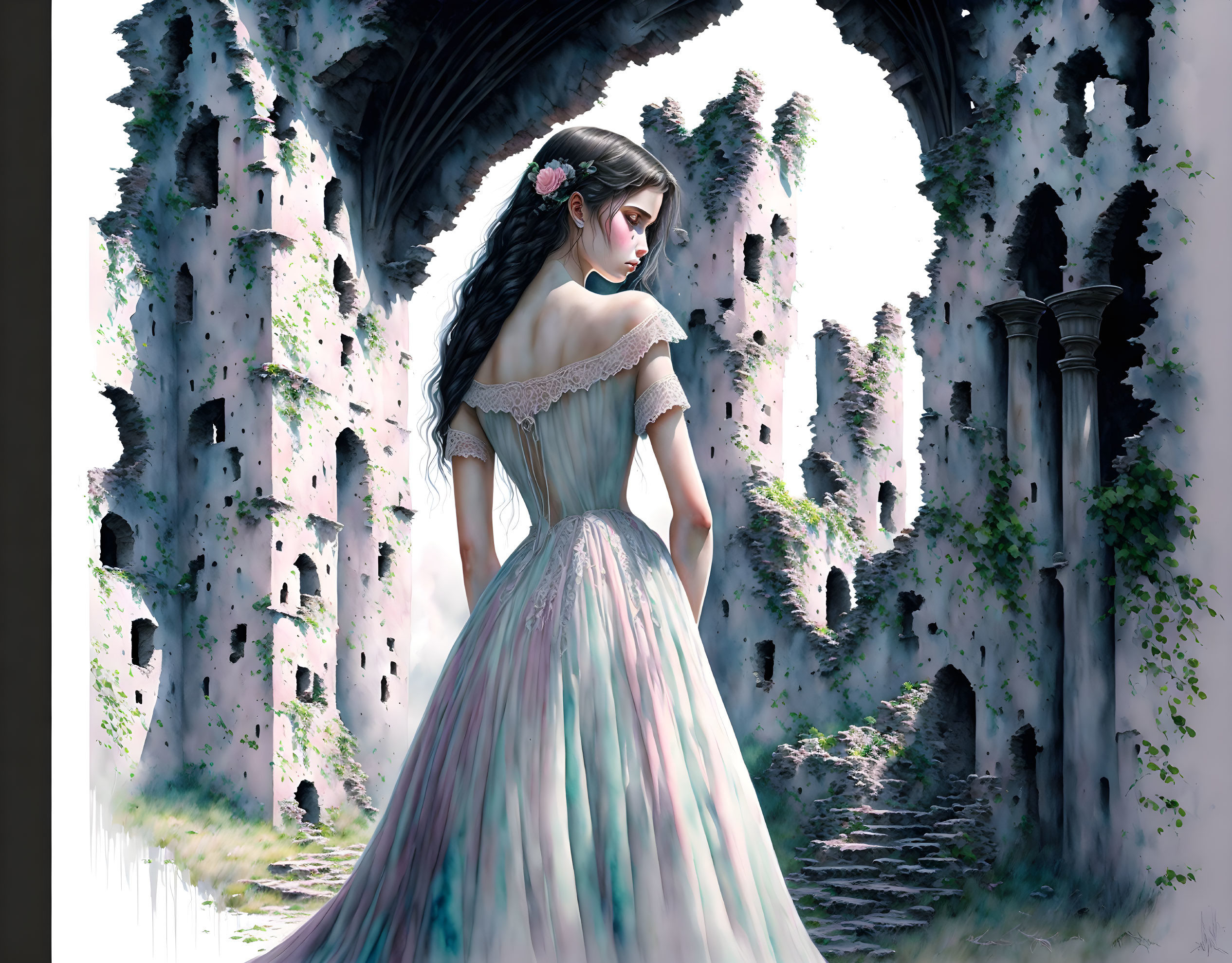 Woman in flowing pastel dress among ruins with sunlight and greenery.