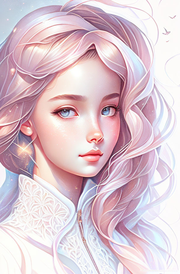Digital illustration: Young woman with silver-pink hair, blue eyes, and white outfit with butterflies.