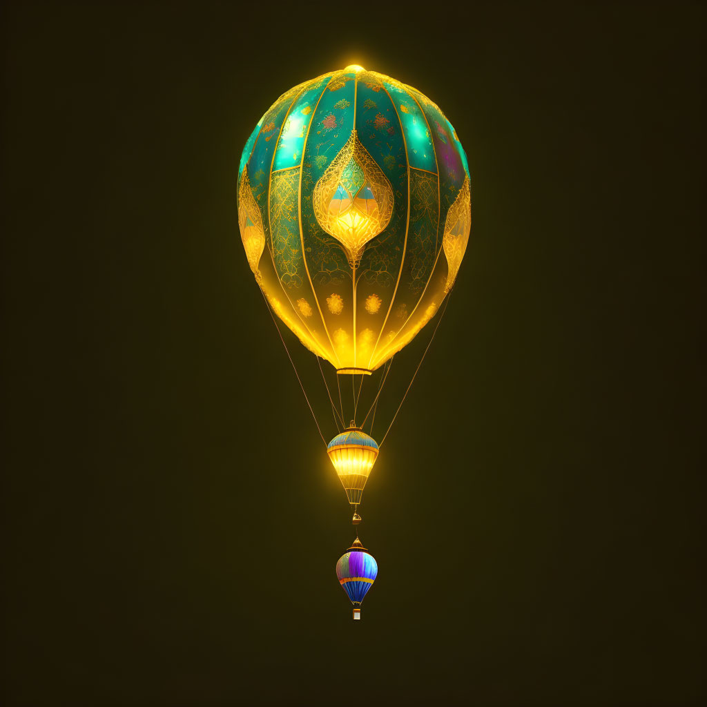 Intricate Gold and Blue Hot Air Balloon Design on Dark Background