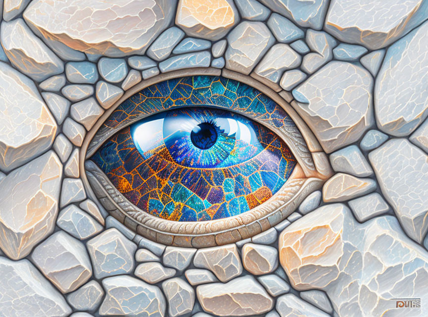 Colorful digital artwork: Eye with cracked earth patterns on blue sky
