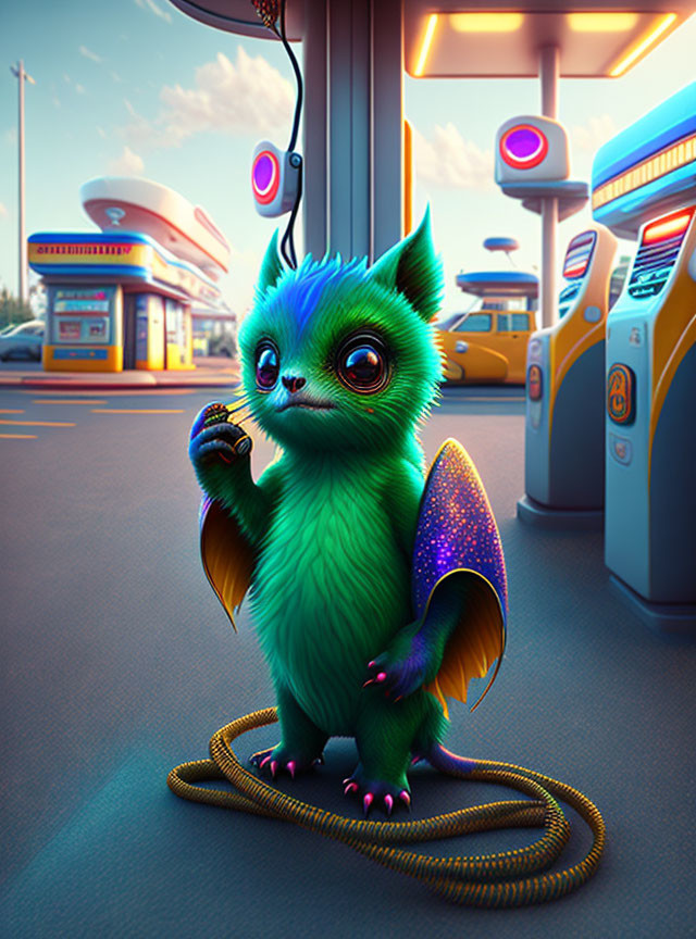 Colorful illustration of small blue creature at futuristic gas station