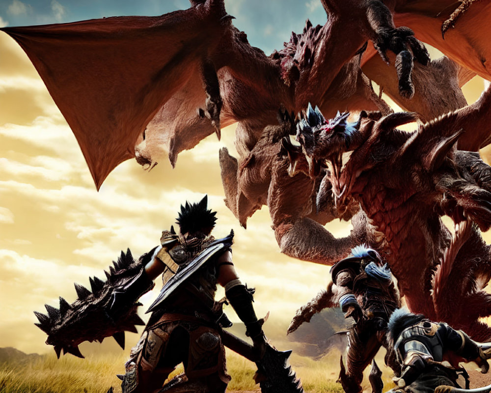 Armored warriors face giant dragon under dramatic sky