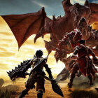Armored warriors face giant dragon under dramatic sky