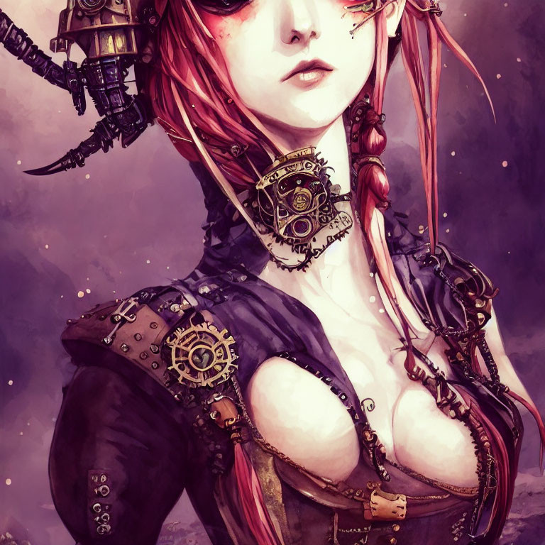 Steampunk-inspired woman with mechanized attire and robotic arm.