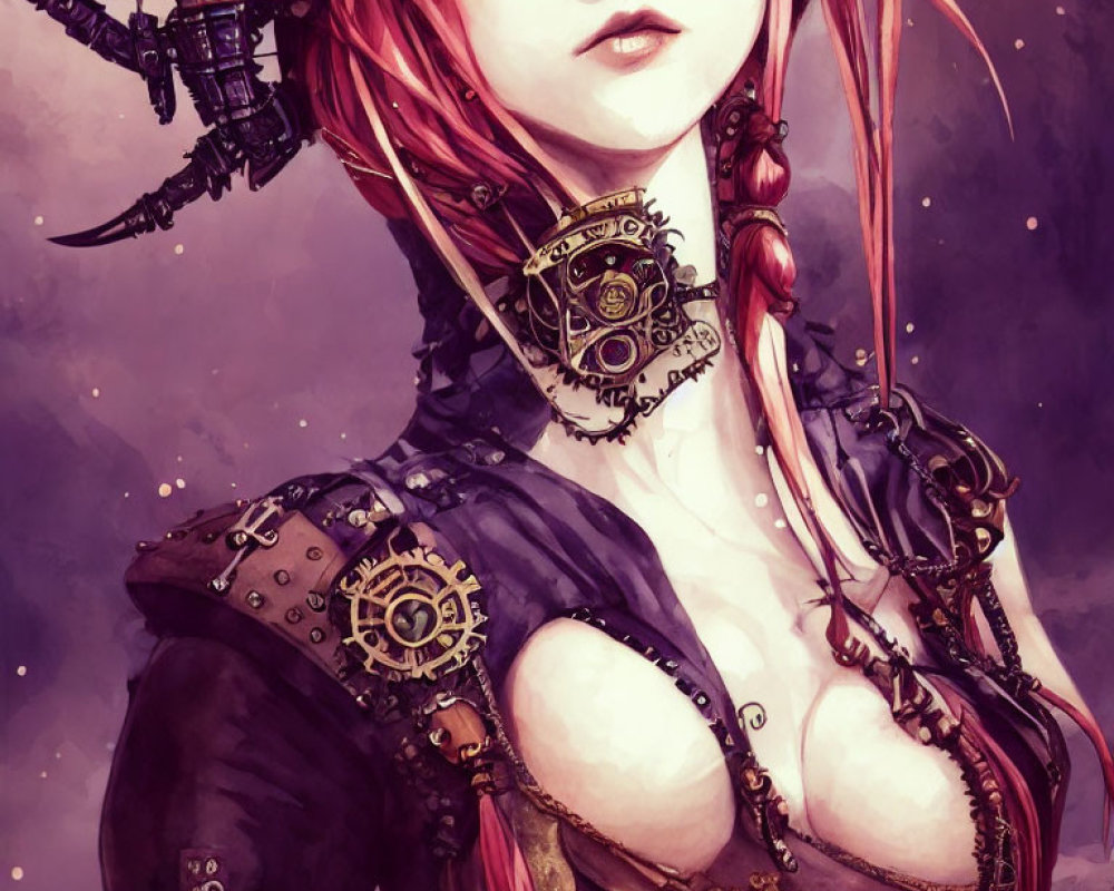 Steampunk-inspired woman with mechanized attire and robotic arm.