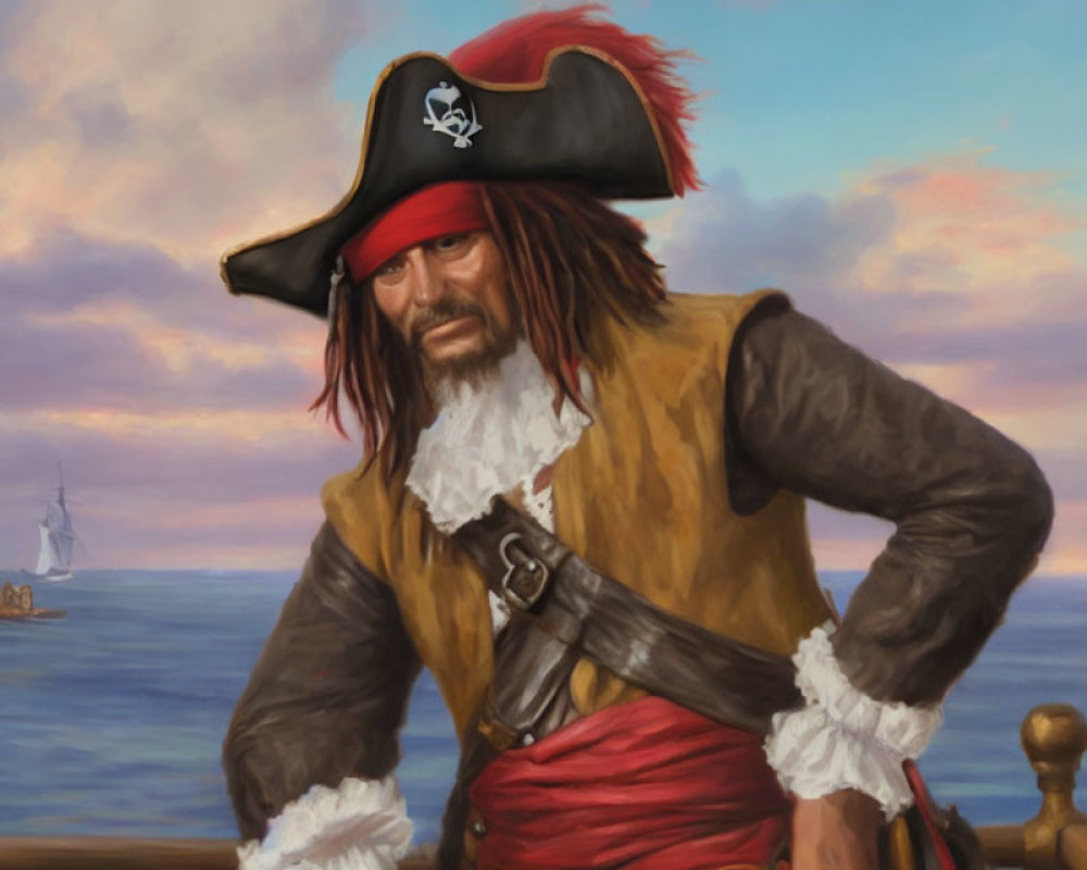 Pirate with Tricorne Hat and Ship Illustration