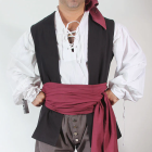 Portrait of a pirate with red headband, white shirt, black vest, red sash, and