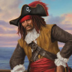 Pirate painting with black hat and skull on ship deck